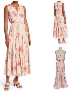 DR2 Peachy Blush Floral Tiered Sleeveless Maxi Dress Size Medium